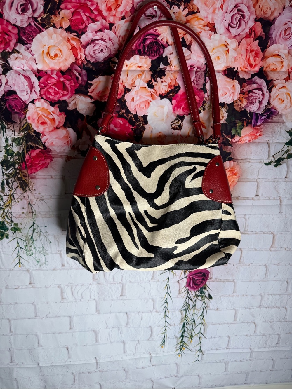 Zebra-Print Shoulder Bag with faux Red Leather Accents